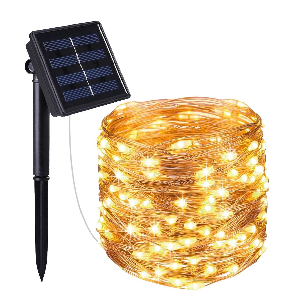 Guirlande solaire extérieur lumineuse jardin, terrasse - Ampoules LED 8 modes - 12 m - Blanc chaud - Linxor - Image 1