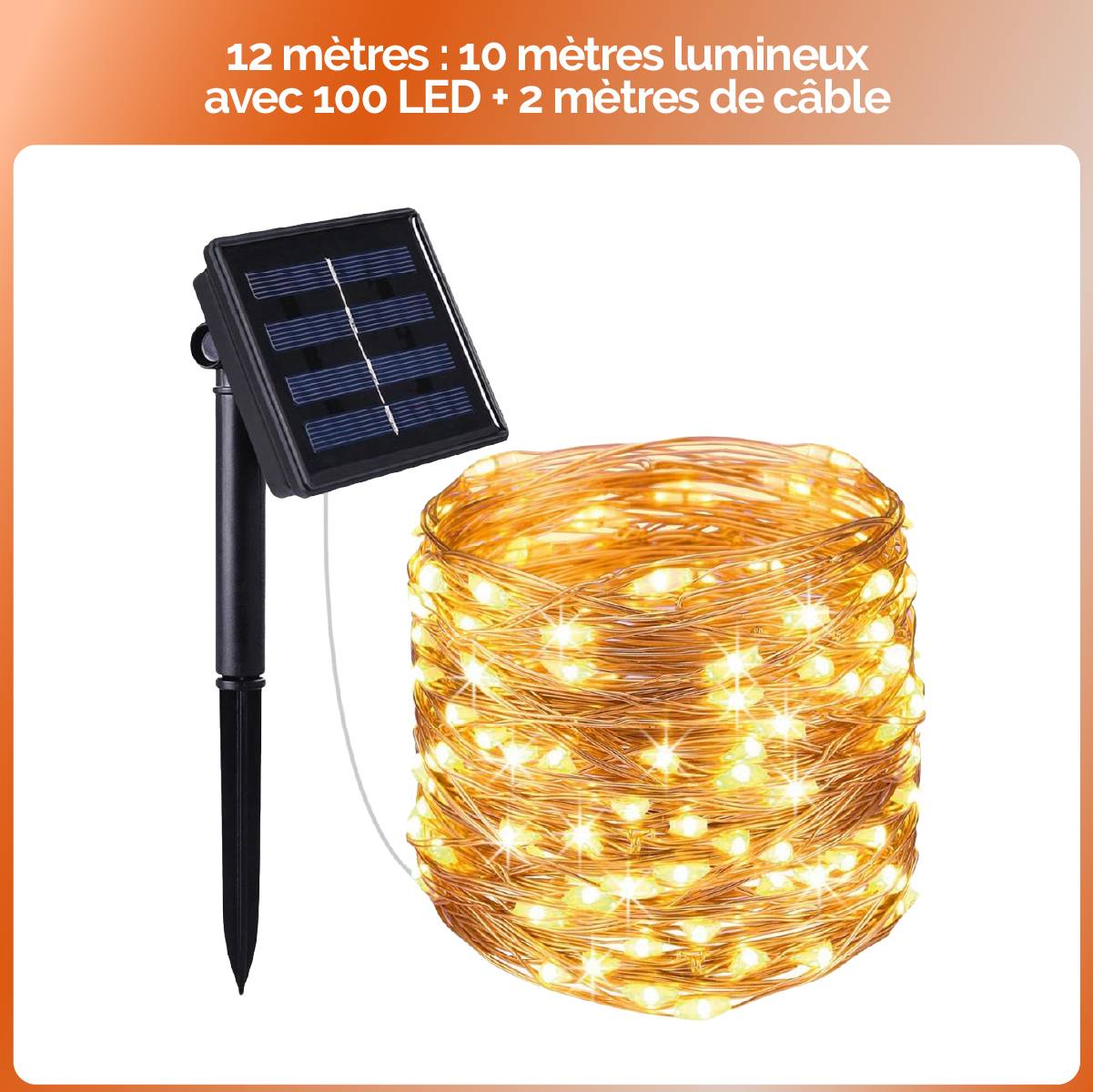 Guirlande solaire extérieur lumineuse jardin, terrasse - Ampoules LED 8 modes - 12 m - Blanc chaud - Linxor - Image 2