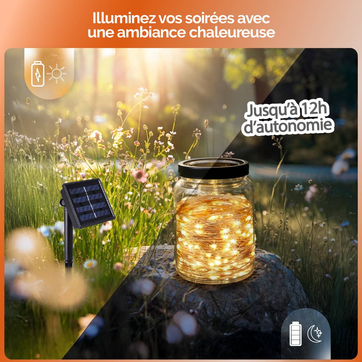 Guirlande solaire extérieur lumineuse jardin, terrasse - Ampoules LED 8 modes - 12 m - Blanc chaud - Linxor - Image 4