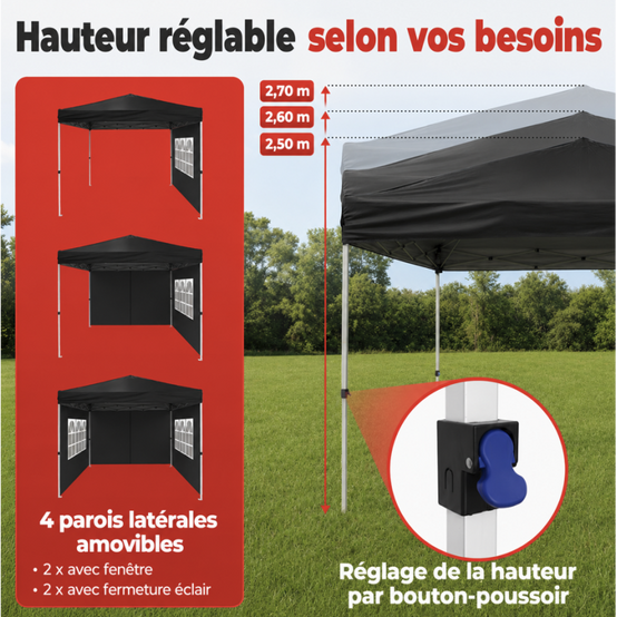 Pavillon 3x3m Tonnelle de jardin pliable Noir avec fenêtres Sac de rangement inclus - Image 5