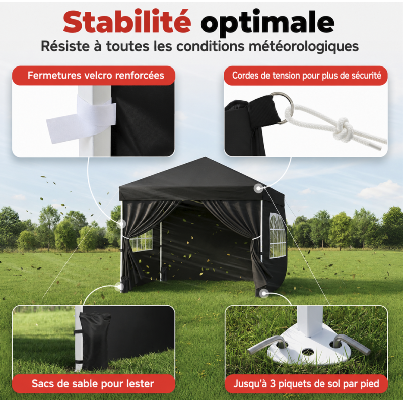 Pavillon 3x3m Tonnelle de jardin pliable Noir avec fenêtres Sac de rangement inclus - Image 4