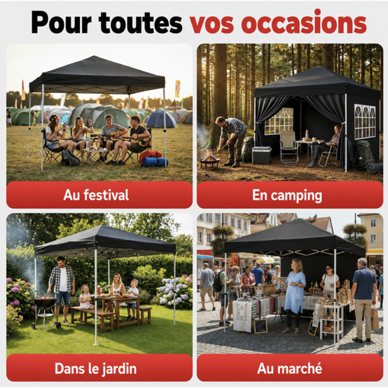 Pavillon 3x3m Tonnelle de jardin pliable Noir avec fenêtres Sac de rangement inclus - Image 6