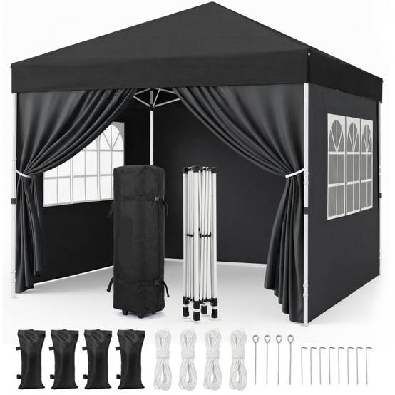 Pavillon 3x3m Tonnelle de jardin pliable Noir avec fenêtres Sac de rangement inclus - Image 1