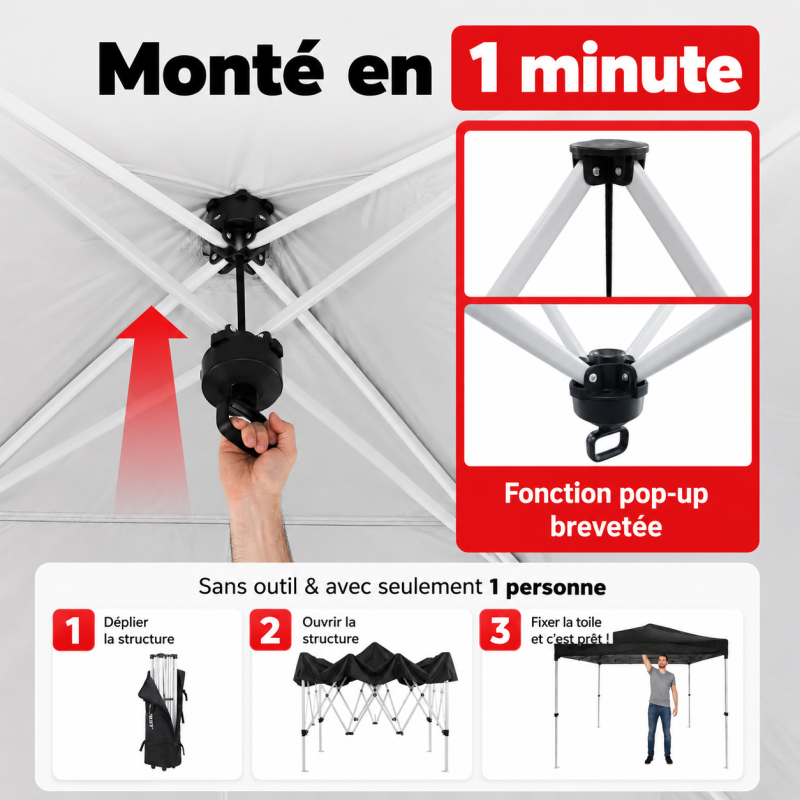 Pavillon 3x3m Tonnelle de jardin pliable Noir avec fenêtres Sac de rangement inclus - Image 3