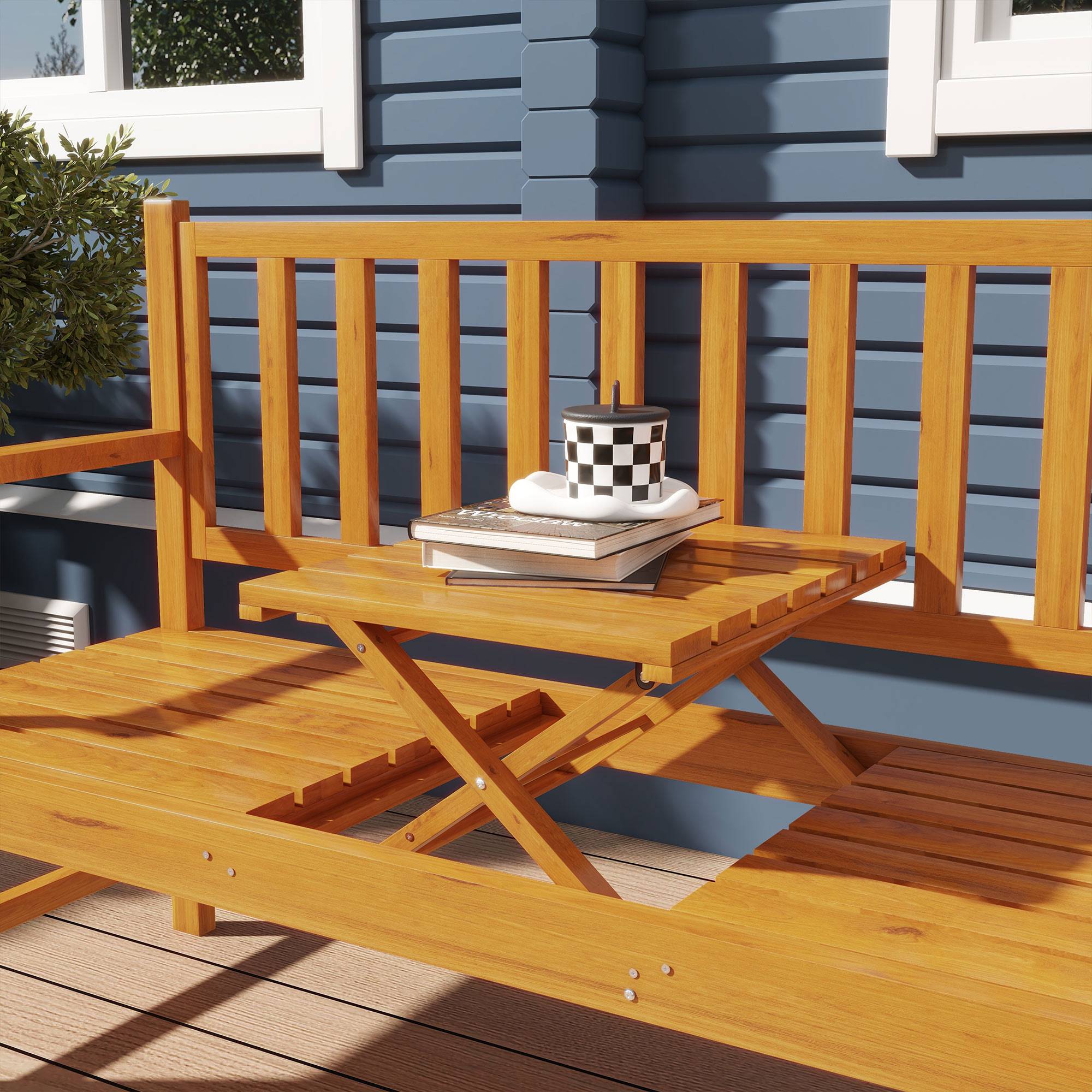 Banc de jardin, banc en bois, banc d'extérieur, table pliante, résistant aux intempéries, bois massif, 153 cm x 56 cm x 91 cm, marron clair - Image 9