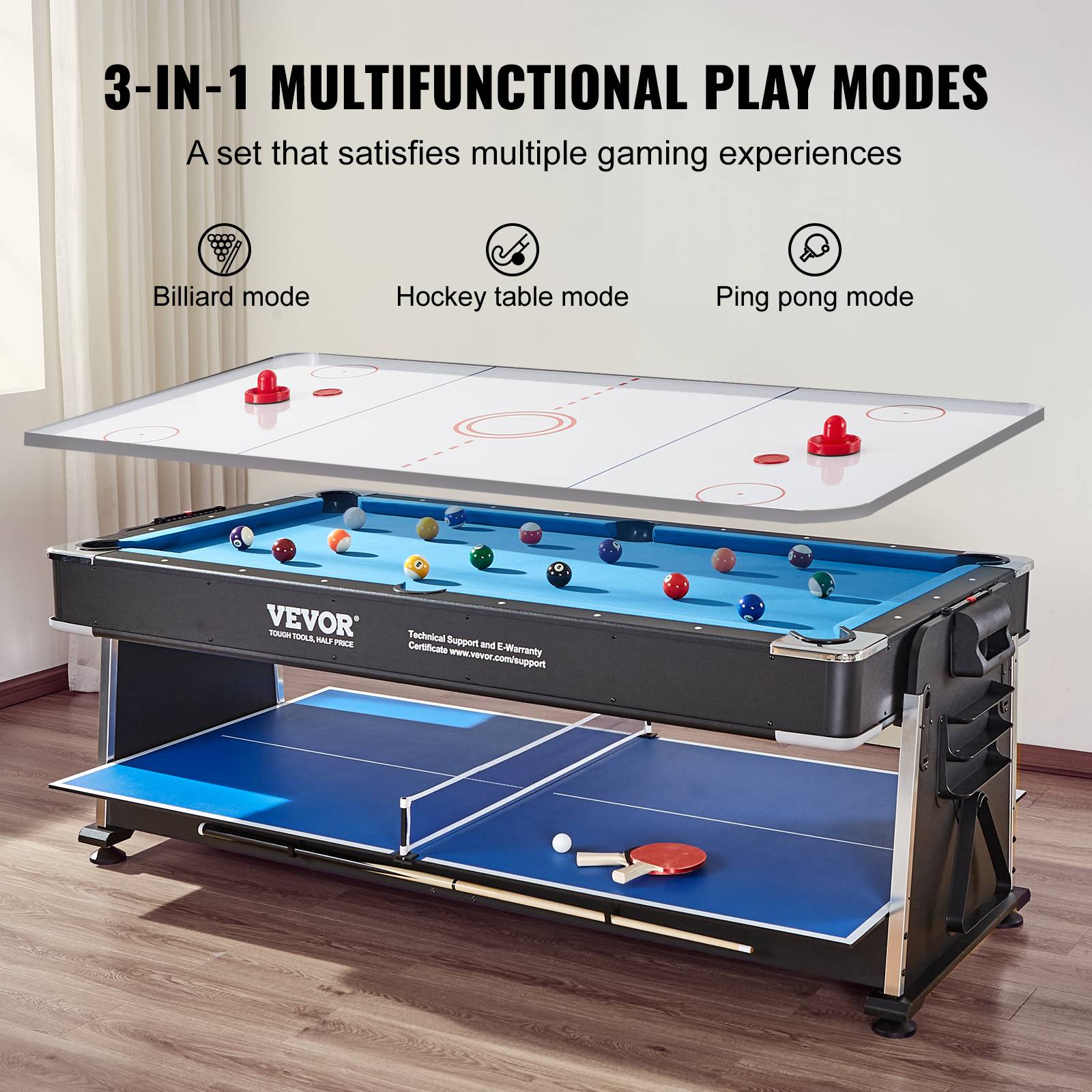 Vevor - VEVOR Table jeu pivotante 3-en-1, air hockey, billard, ping-pong. 223,5 cm. - Image 2