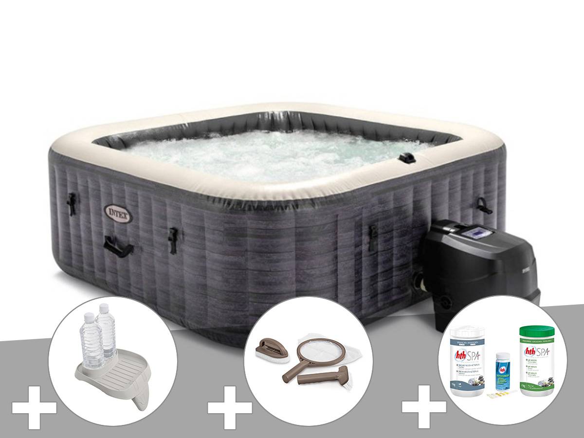 Kit spa gonflable Intex PureSpa Ardoise carré Bulles 6 places + Kit d'entretien + Porte-verre + Kit de traitement brome - Image 1