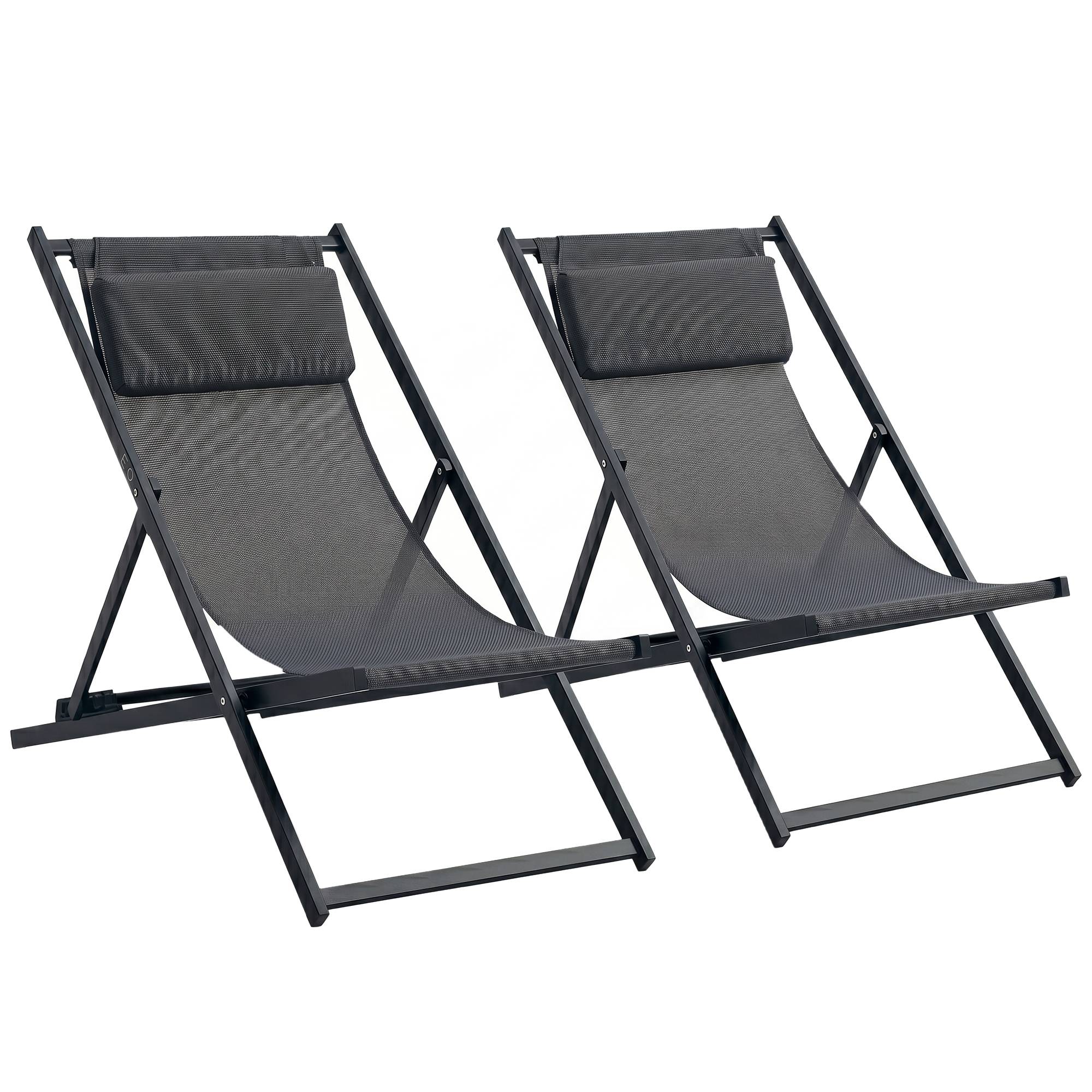 Lot de 2 bain de soleil, chaise longue pliante avec appuie-tête - 100x60x85cm Gris foncé fr72 - Image 1