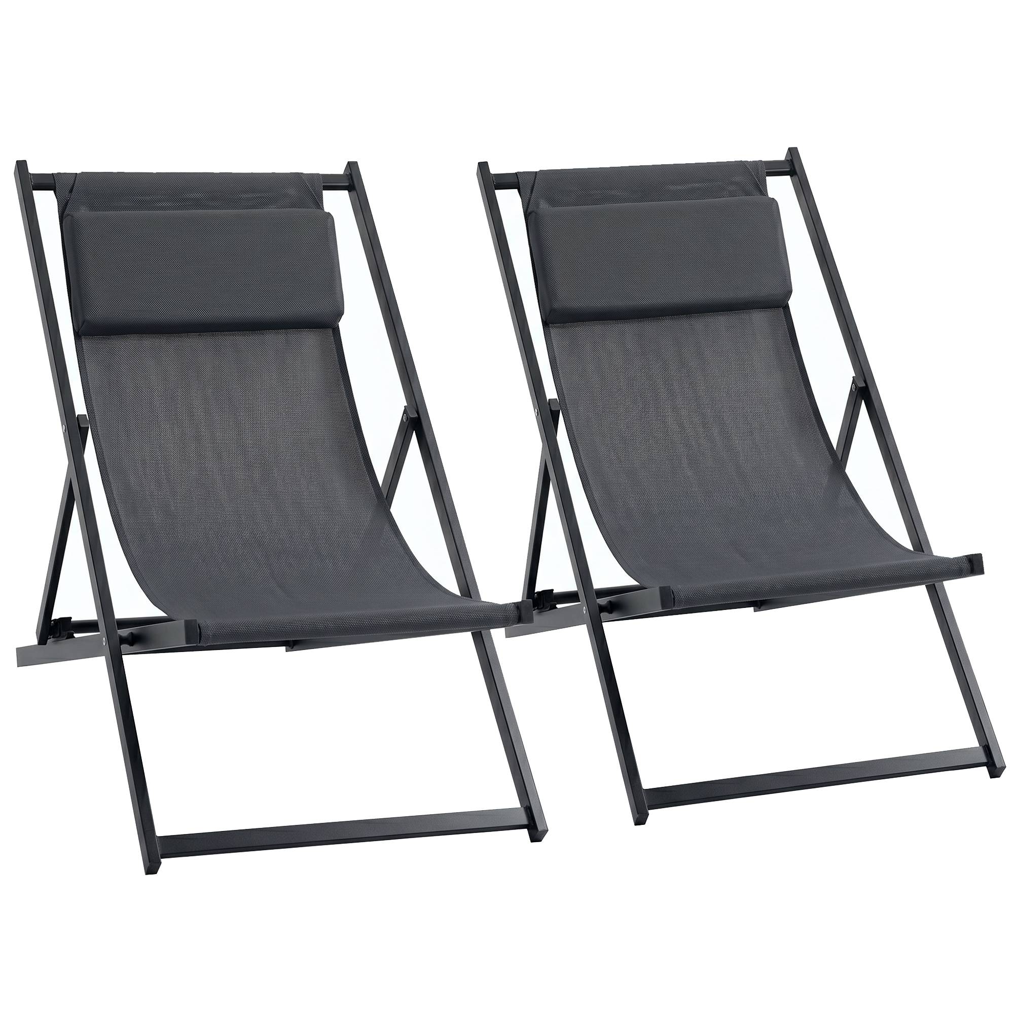 Lot de 2 bain de soleil, chaise longue pliante avec appuie-tête - 100x60x85cm Gris foncé fr72 - Image 2