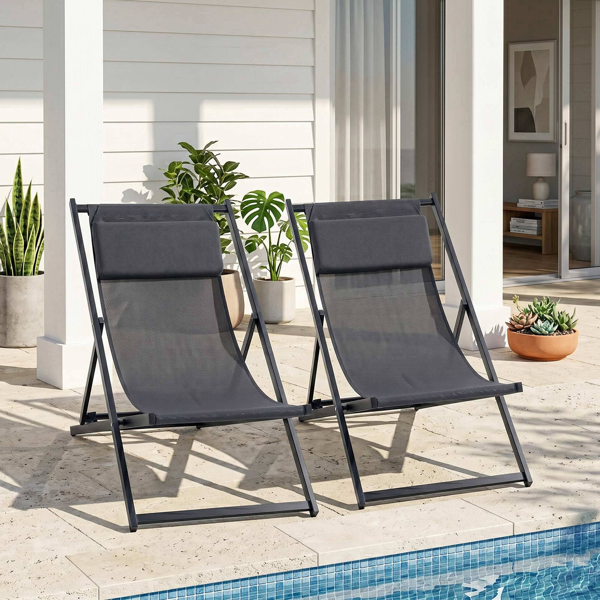 Lot de 2 bain de soleil, chaise longue pliante avec appuie-tête - 100x60x85cm Gris foncé fr72 - Image 3