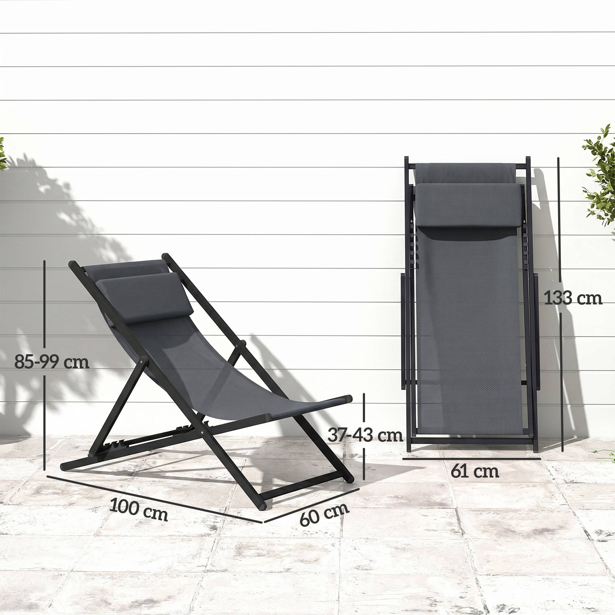 Lot de 2 bain de soleil, chaise longue pliante avec appuie-tête - 100x60x85cm Gris foncé fr72 - Image 5