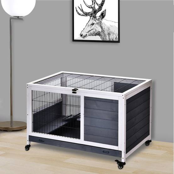 Clapier d'Intérieur à Roulettes en Bois pour Lapin 2 Étages Toit Ouvrant 90cm Gris et Blanc - ComfortXL Outdoor Living - Image 4