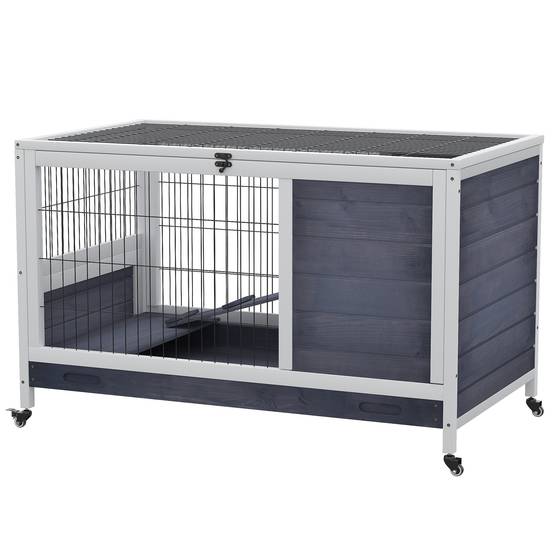 Clapier d'Intérieur à Roulettes en Bois pour Lapin 2 Étages Toit Ouvrant 90cm Gris et Blanc - ComfortXL Outdoor Living - Image 2