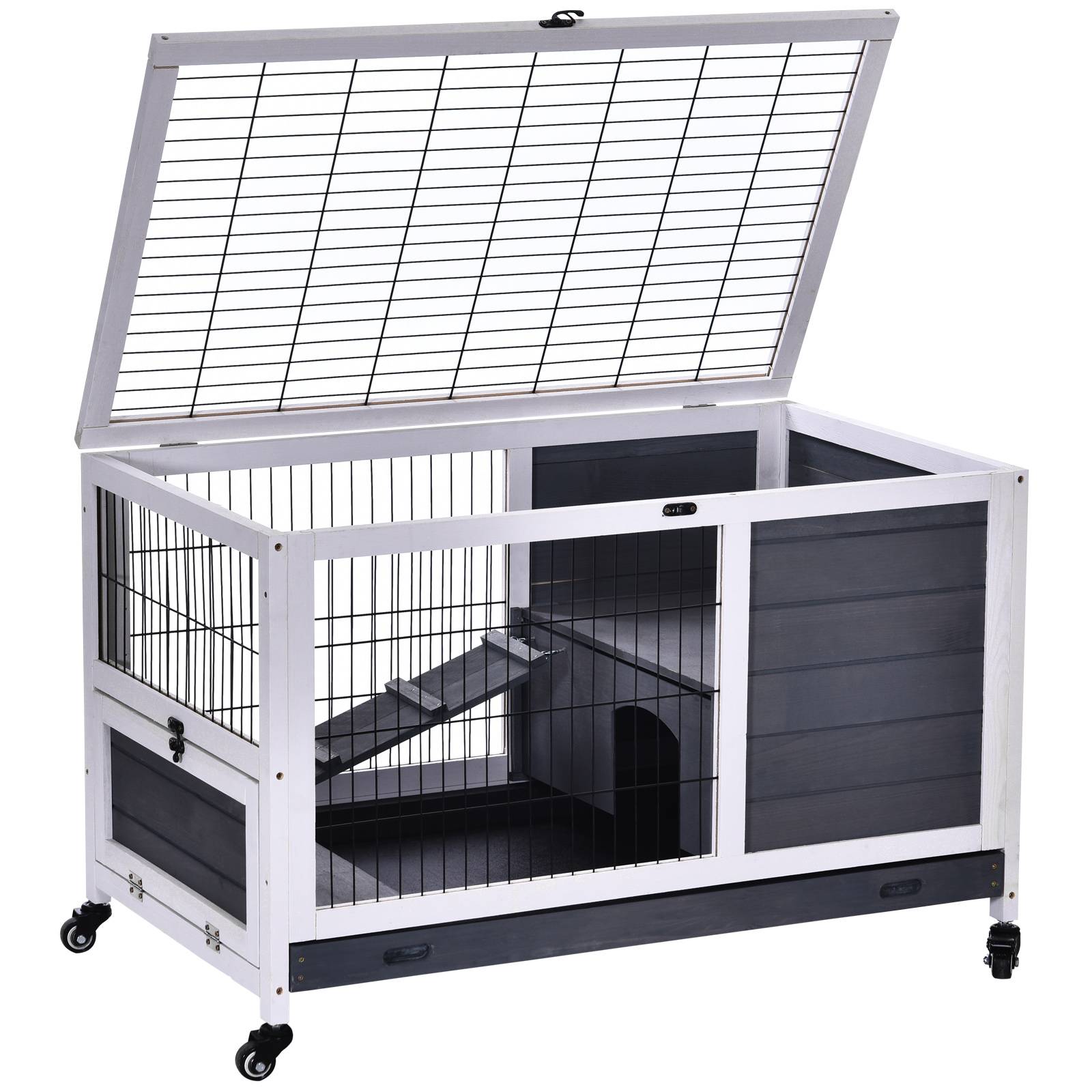 Clapier d'Intérieur à Roulettes en Bois pour Lapin 2 Étages Toit Ouvrant 90cm Gris et Blanc - ComfortXL Outdoor Living - Image 1