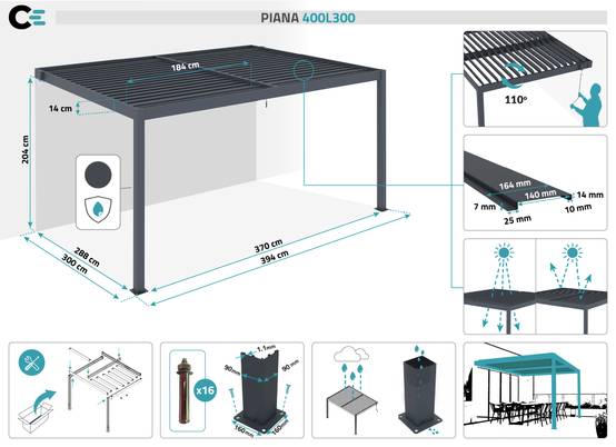 Pergola bioclimatique adossée 4x3 m PIANA aluminium gris avec 3 persiennes brise-vue - Image 2