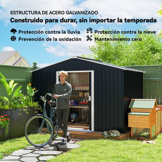 Remise de jardin 4,9 m² 277x195x192 cm 2 portes coulissantes base renforcée sol non inclus gris foncé - Image 7