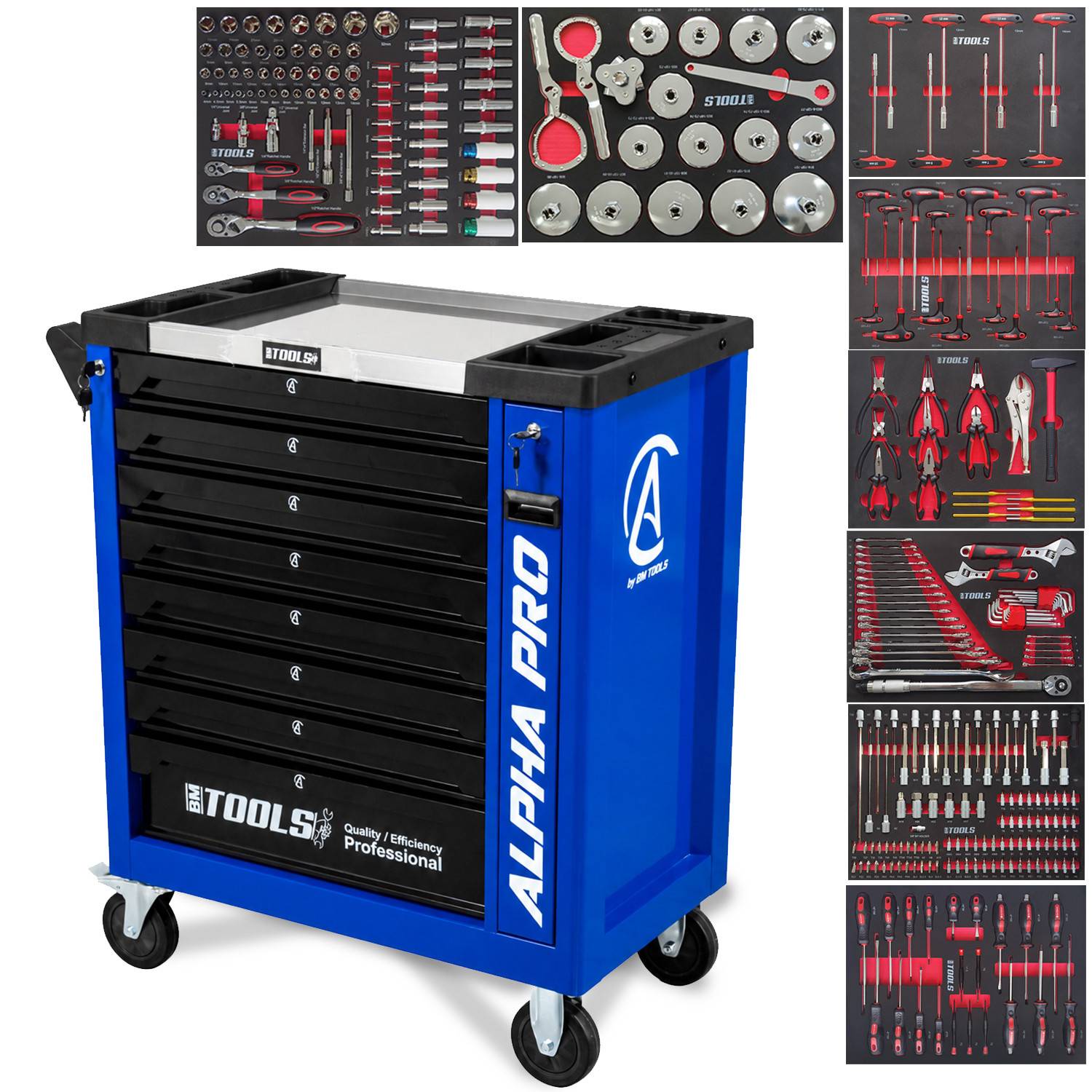 Servante d'Atelier Garage Automobile BM TOOLS ALPHA-PRO - 9 Tiroirs - 311 OUTILS, 4 roues, 2 freins, Chariot MECANICIEN - Bleu - Image 1