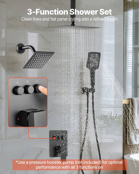 VEVOR Ensemble de Robinet de Douche 3 Douchettes Tête Mural et à Main Noir - Image 2