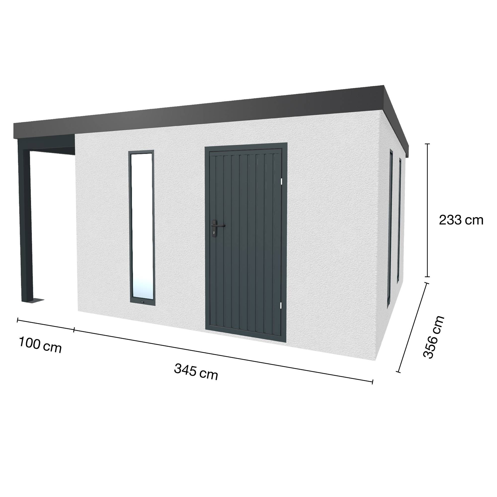 Abri de jardin en métal finition crépi 3450 x 3560 mm blanc avec auvent à gauche 1000 x 3560 mm anthracite - Image 1