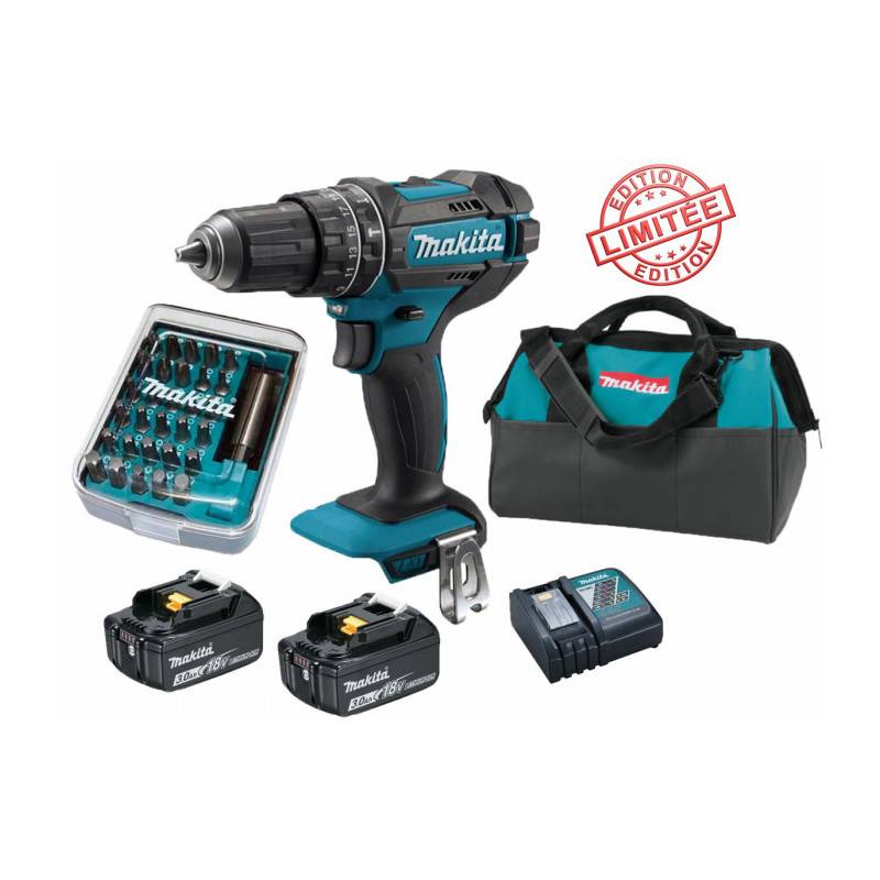 Makita - Perceuse visseuse à percussion Makita 18V 62Nm DHP482 + 2 batt 3 Ah + 30 embouts de vissage + porte-embout magnétique + sac