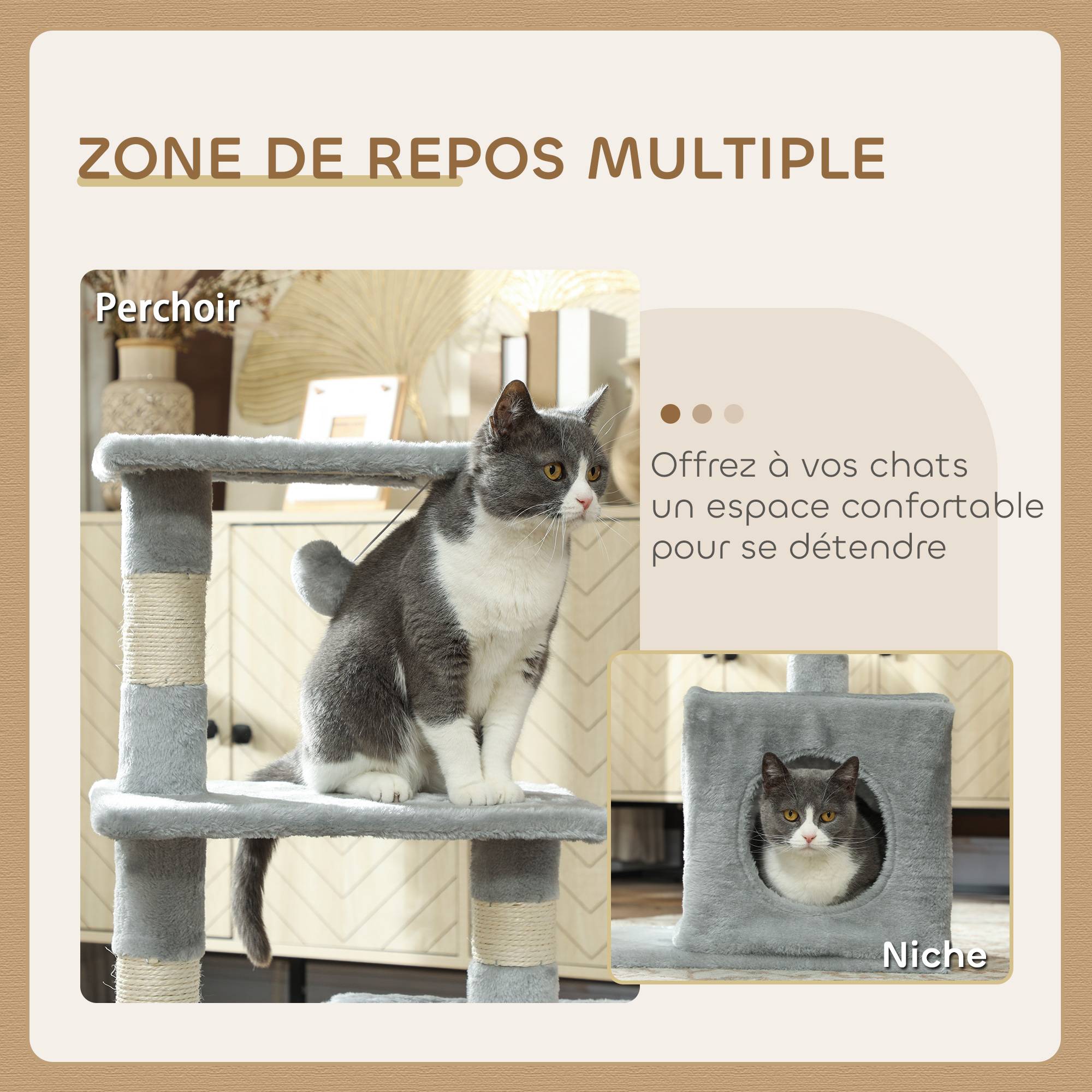 Arbre à chat sisal et peluche gris 50 x 30 x 81.5 cm - PANGIVO - Image 8