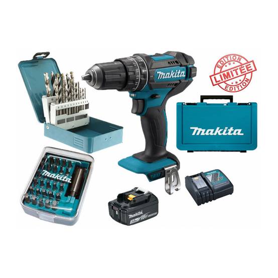 Pack cadeau Perceuse visseuse à percussion Makita 18V 62Nm DHP482 + 1 batt 3 Ah + 30 embouts de vissage + 18 forets D-46202 - Image 1