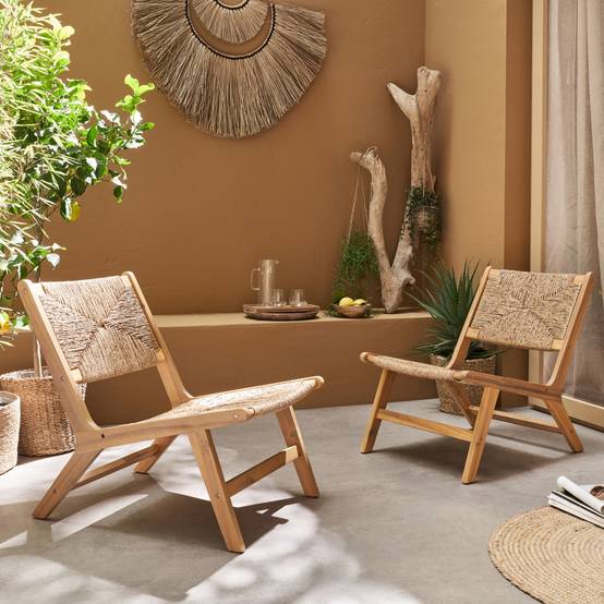 sweeek - Lot de 2 fauteuils relax de jardin en bois et résine effet paille. intérieur / extérieur | sweeek - Image 1
