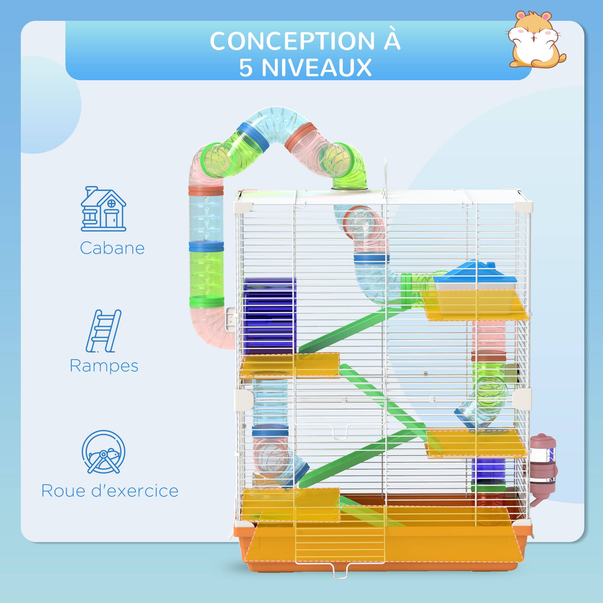 Cage hamster 5 étages métal pour rongeurs avec tubes modulables 46x30x58cm orange - ComfortXL Outdoor Living - Image 8