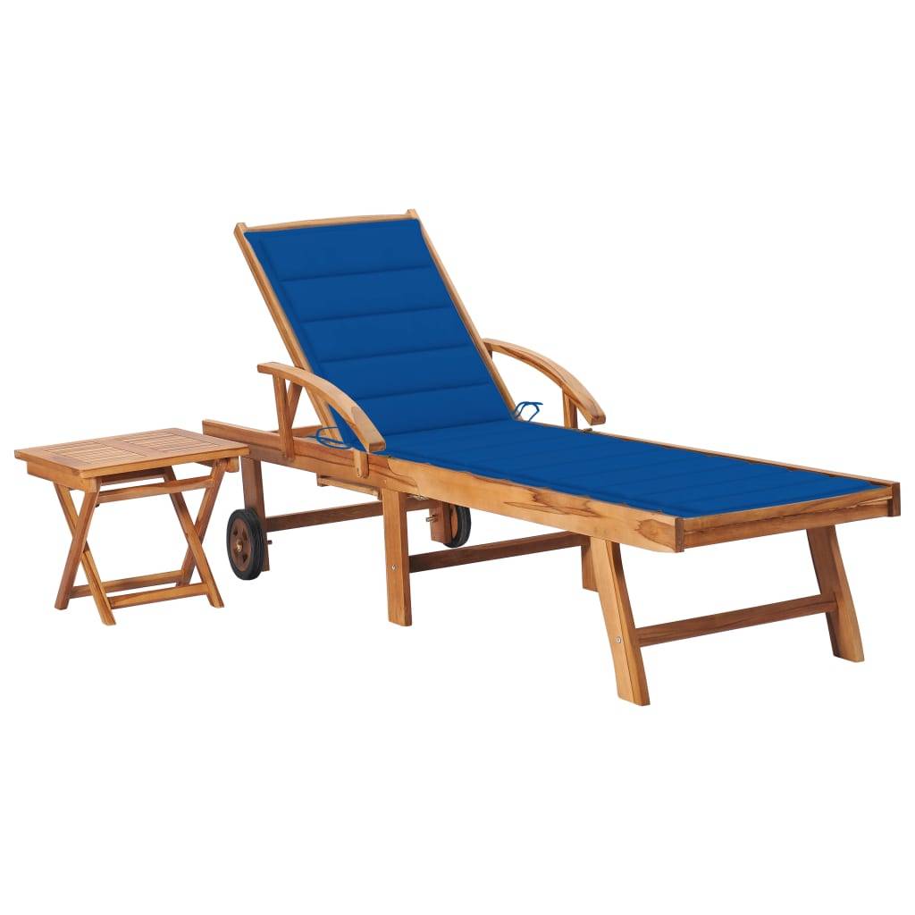 Helloshop26 - Transat chaise longue bain de soleil lit de jardin terrasse meuble d'extérieur 195 cm avec table et coussin bois de teck solide - Image 1