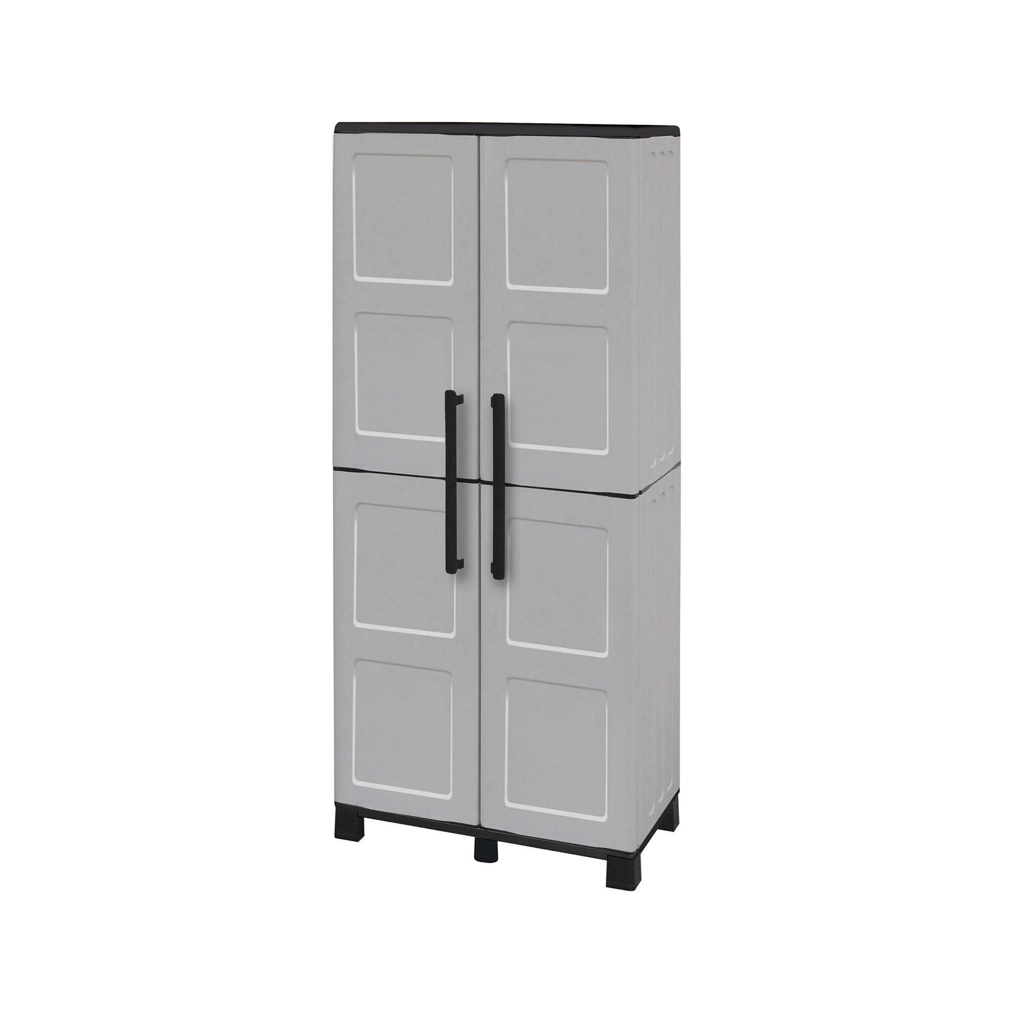Dmora - Armoire d'extérieur Dbettell, Armoire à balais, Armoire d'extérieur 2 portes, 68x37h169 cm, Gris clair et noir, Finition damier - Dmora - Image 1