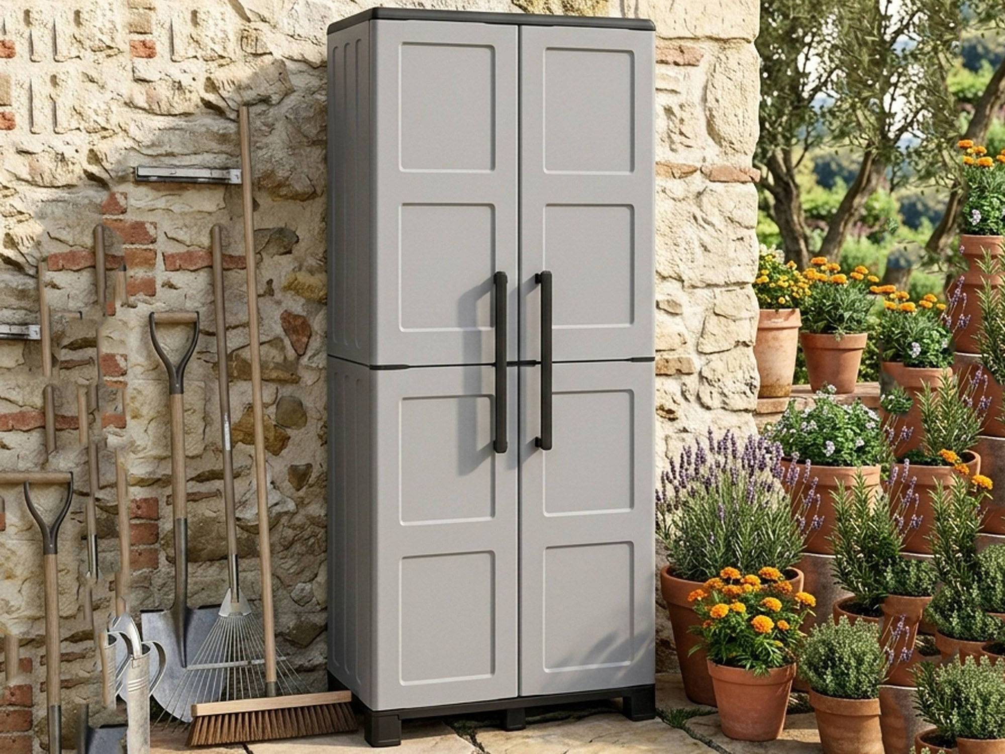 Dmora - Armoire d'extérieur Dbettell, Armoire à balais, Armoire d'extérieur 2 portes, 68x37h169 cm, Gris clair et noir, Finition damier - Dmora - Image 6