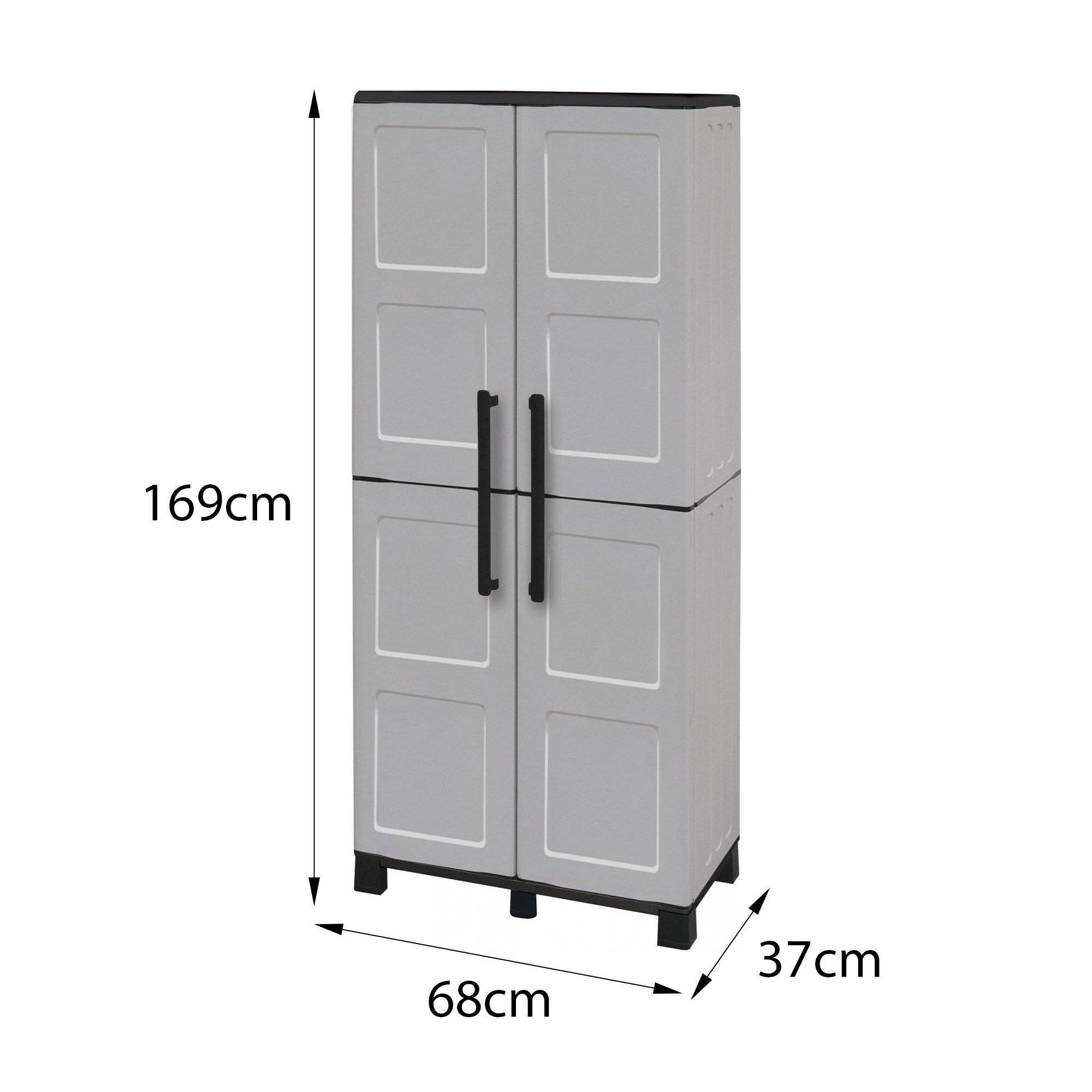Dmora - Armoire d'extérieur Dbettell, Armoire à balais, Armoire d'extérieur 2 portes, 68x37h169 cm, Gris clair et noir, Finition damier - Dmora - Image 3