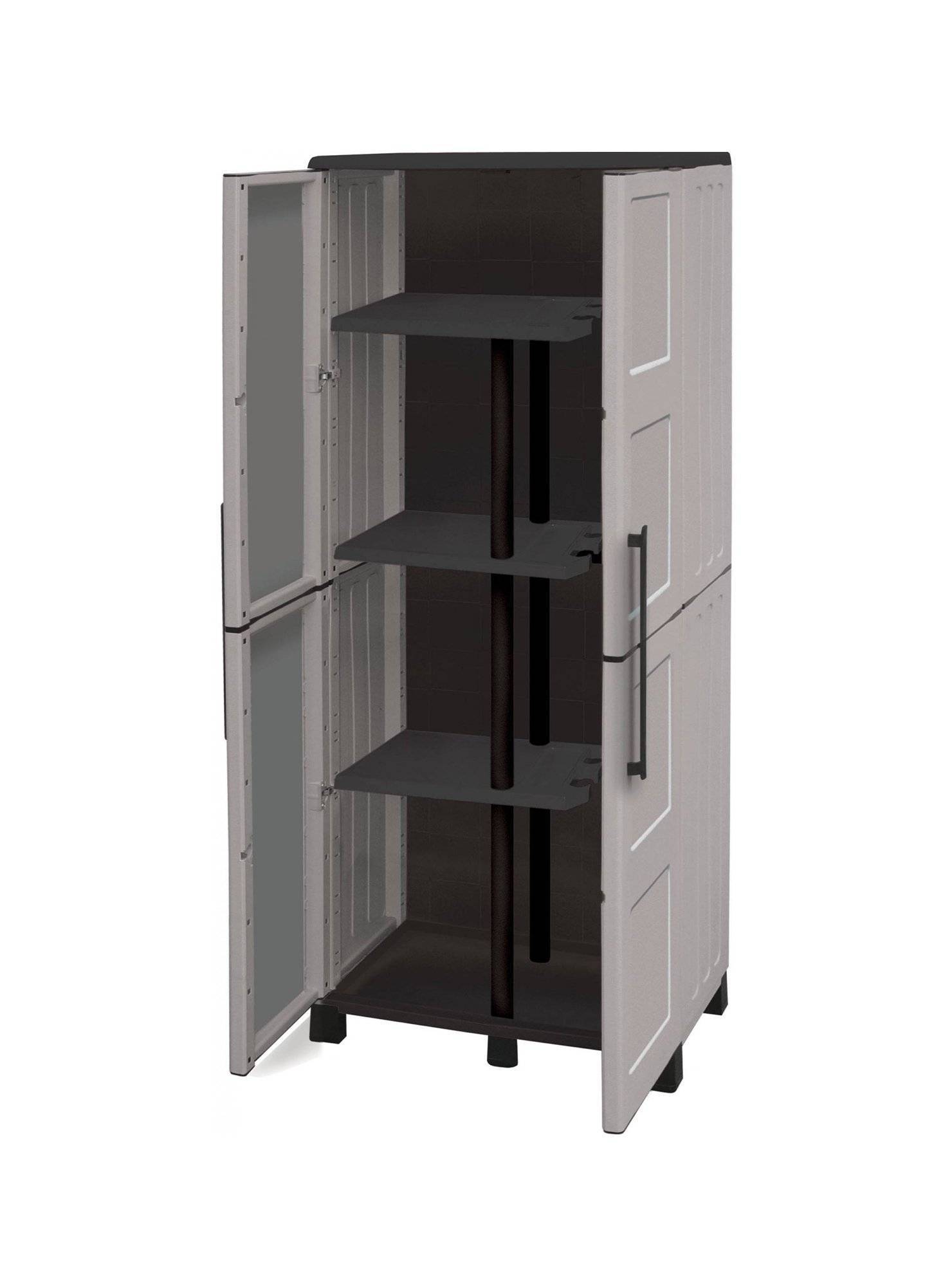 Dmora - Armoire d'extérieur Dbettell, Armoire à balais, Armoire d'extérieur 2 portes, 68x37h169 cm, Gris clair et noir, Finition damier - Dmora - Image 5