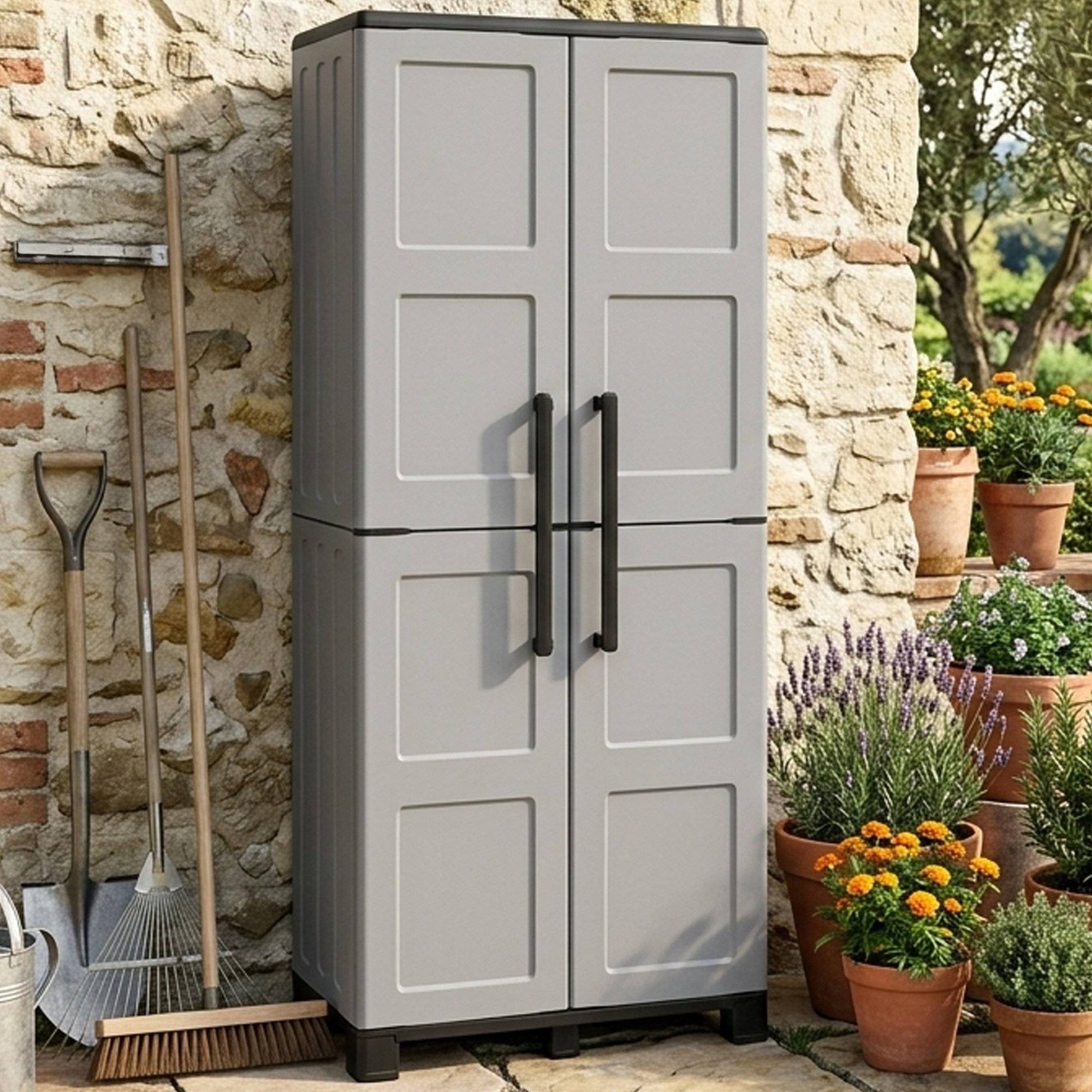 Dmora - Armoire d'extérieur Dbettell, Armoire à balais, Armoire d'extérieur 2 portes, 68x37h169 cm, Gris clair et noir, Finition damier - Dmora - Image 2