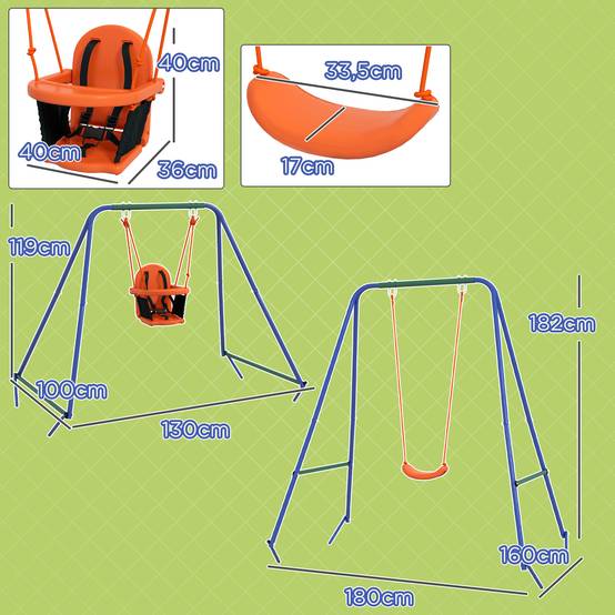 Balançoire orange 2 sièges bébé/enfant ceinture sécurité 180 × 160 × 182 cm jardin extérieur - Image 5