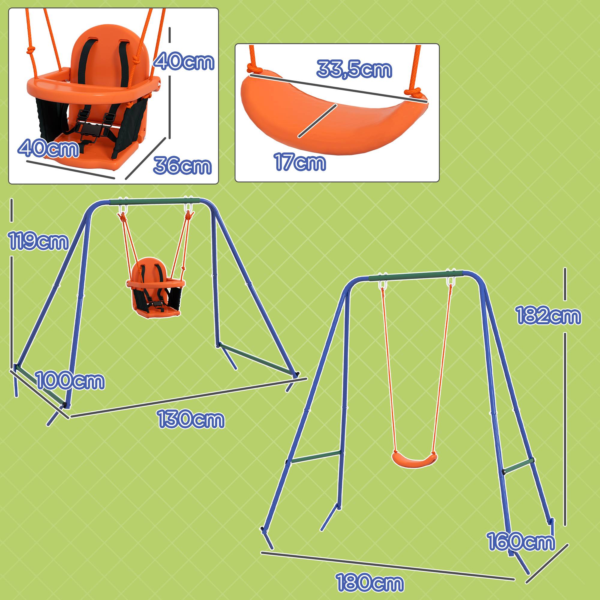 Balançoire orange 2 sièges bébé/enfant ceinture sécurité 180 × 160 × 182 cm jardin extérieur - Image 5