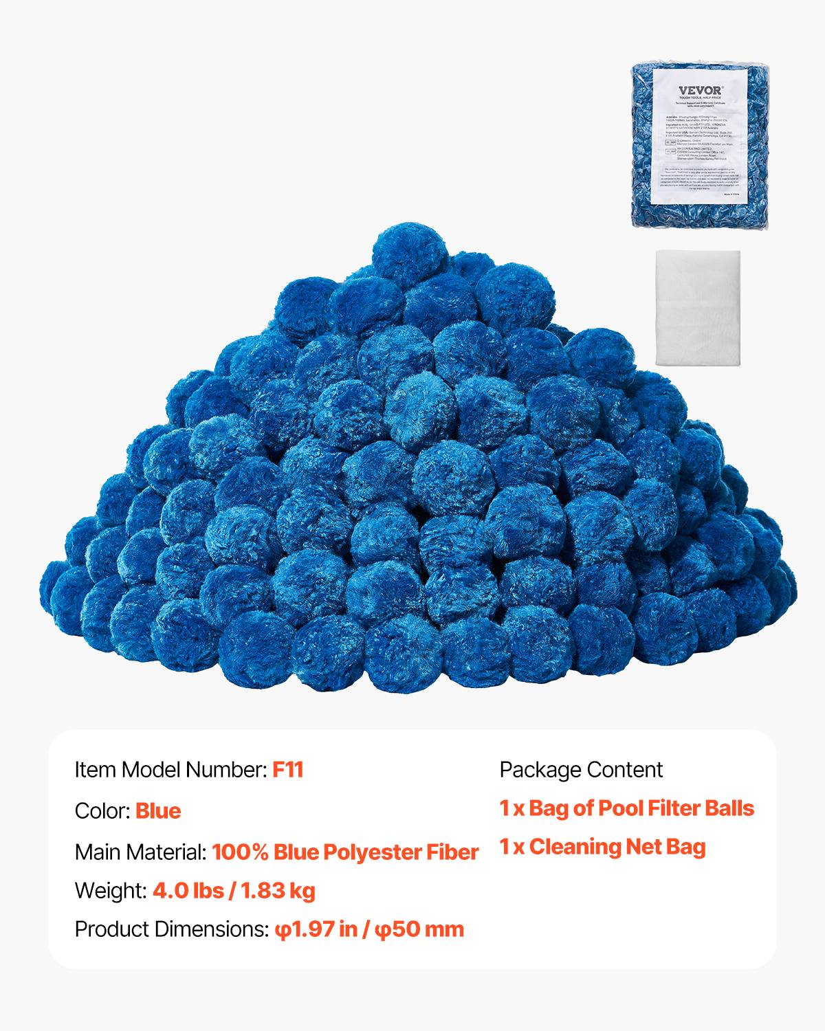 Vevor - VEVOR boules filtrantes piscine 1,83 kg, fibres polyester réutilisables, remplacement filtre sable, avec sac filet de lavage, couleur bleu. - Image 6
