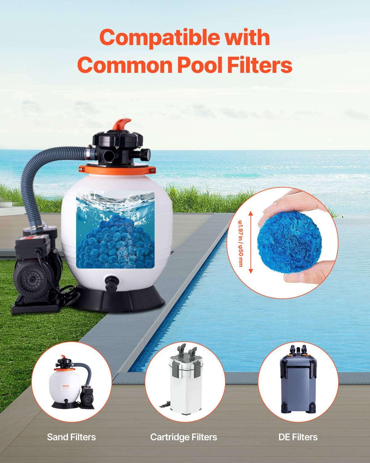 Vevor - VEVOR boules filtrantes piscine 1,83 kg, fibres polyester réutilisables, remplacement filtre sable, avec sac filet de lavage, couleur bleu. - Image 7