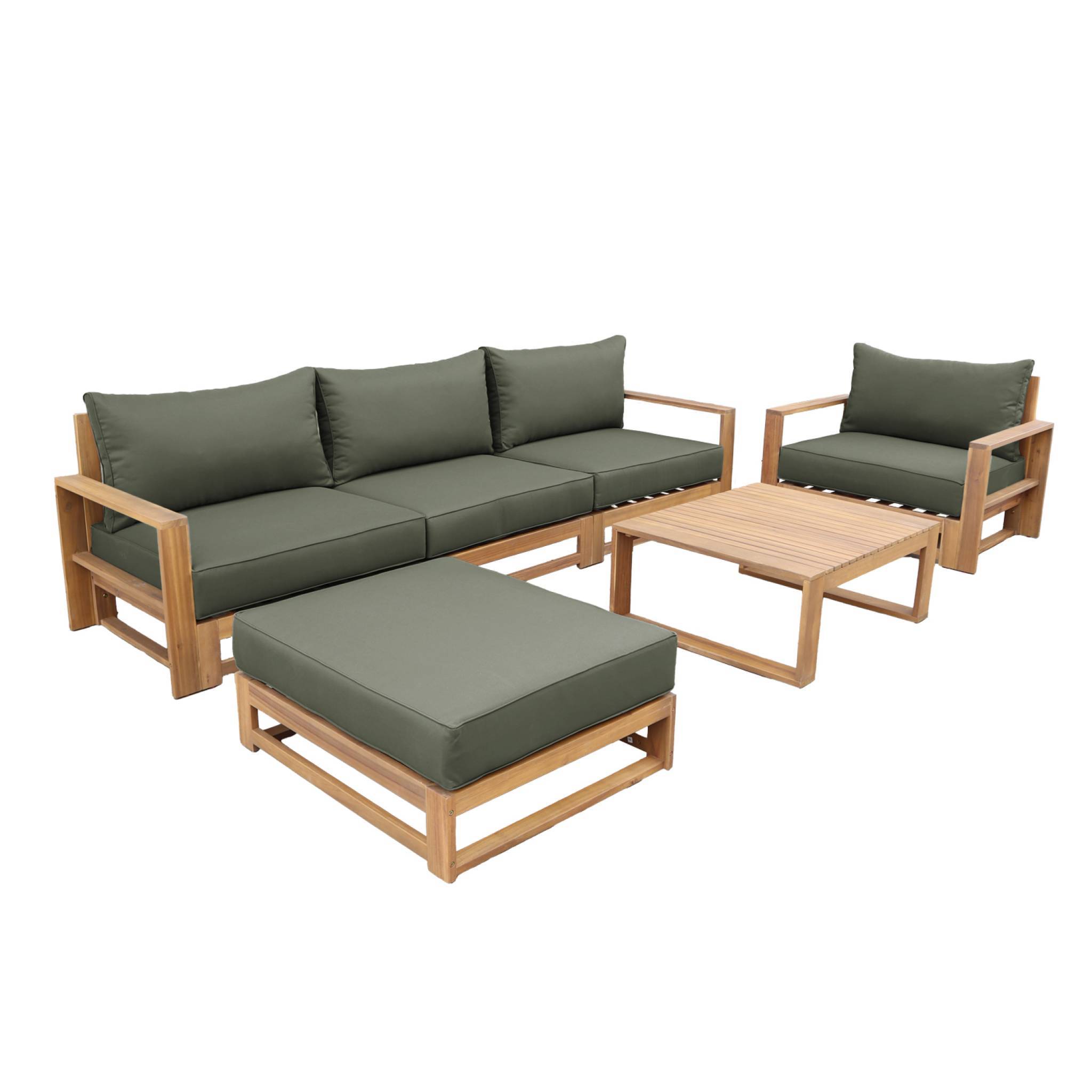 sweeek - Salon de jardin en bois 5 places - kaki. canapé. fauteuils et table basse en acacia. 6 éléments modulables. 273 x 75 x 72.5cm | sweeek - Image 2