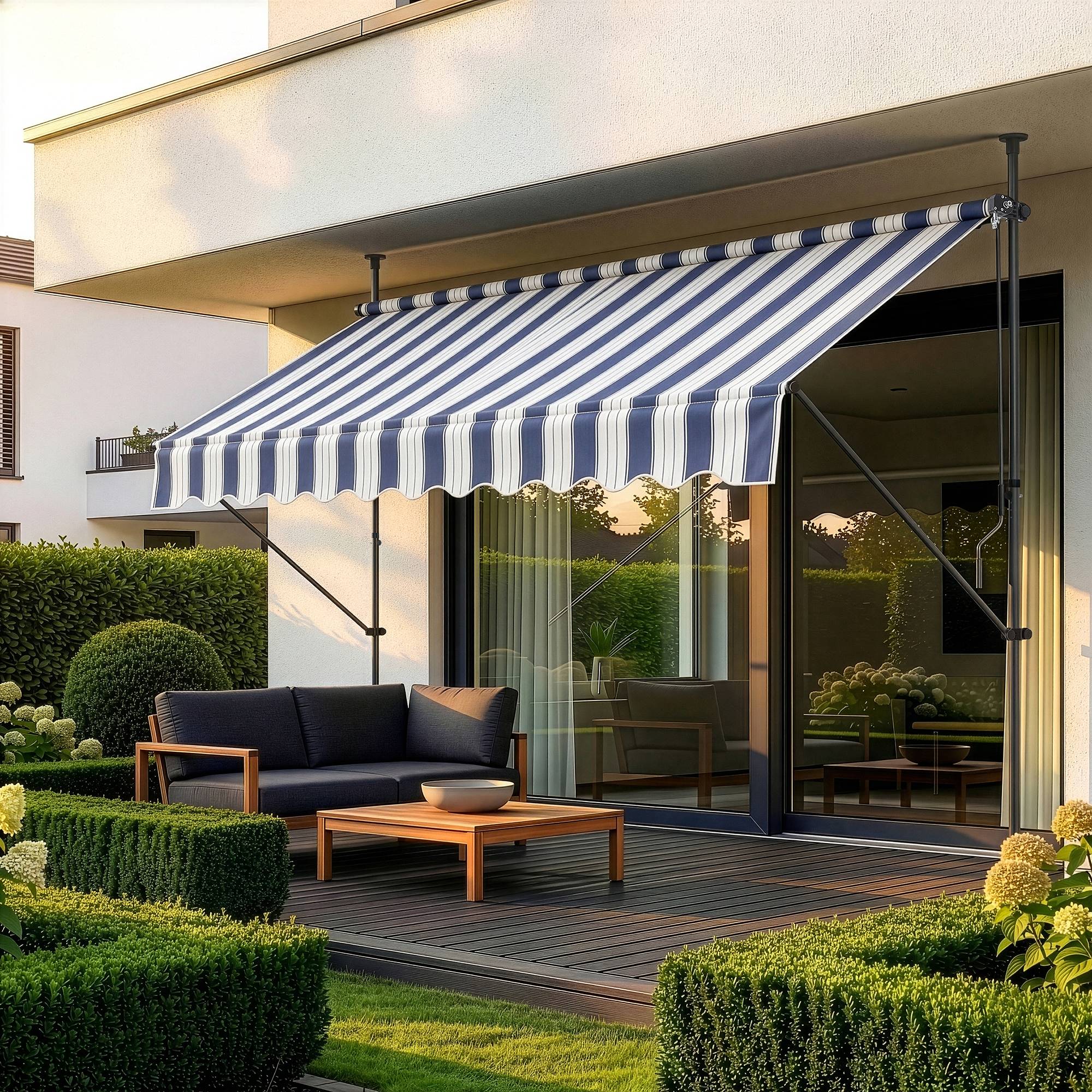 Pro.Tec - Store Banne Téléscopique Acier Polyester 200 x 120 x 220-309 cm Bleu Foncé Blanc [pro.tec] - Image 1