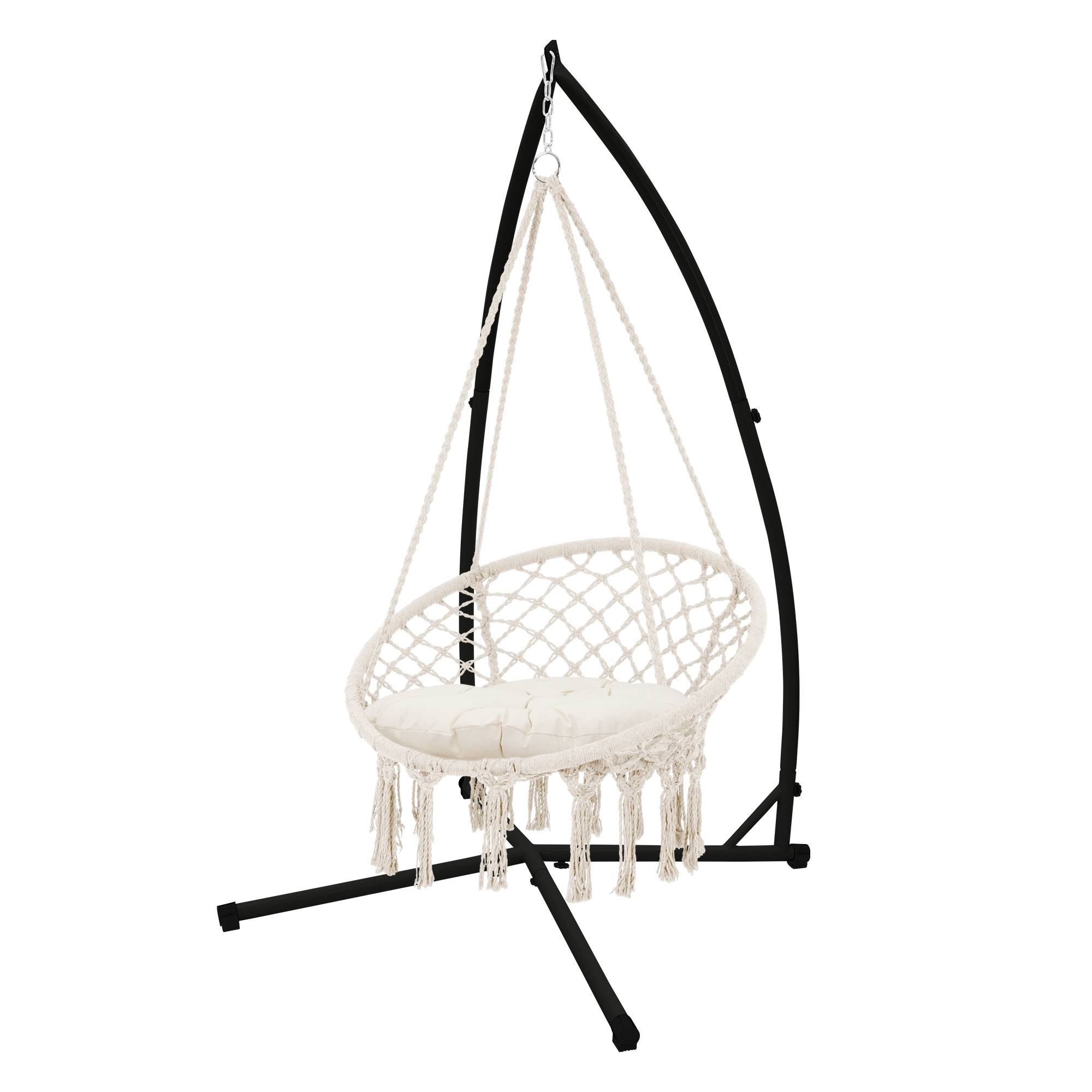 Ml-Design - Fauteuil Suspendu avec Coussin Beige et Support Noir 208 cm, Style Boho, Design Macramé, Coton, Ø 60 cm, 120 kg - Image 1
