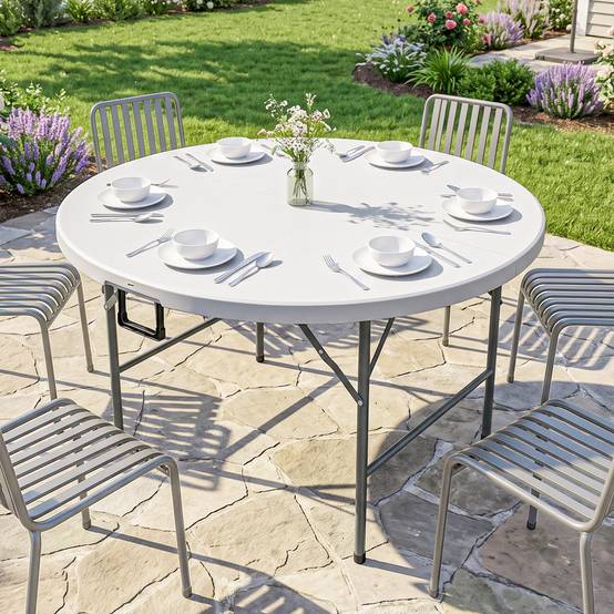 Table pliante jardin camping acier et HDPE, Ø122x73 cm, gris et blanc - Image 4