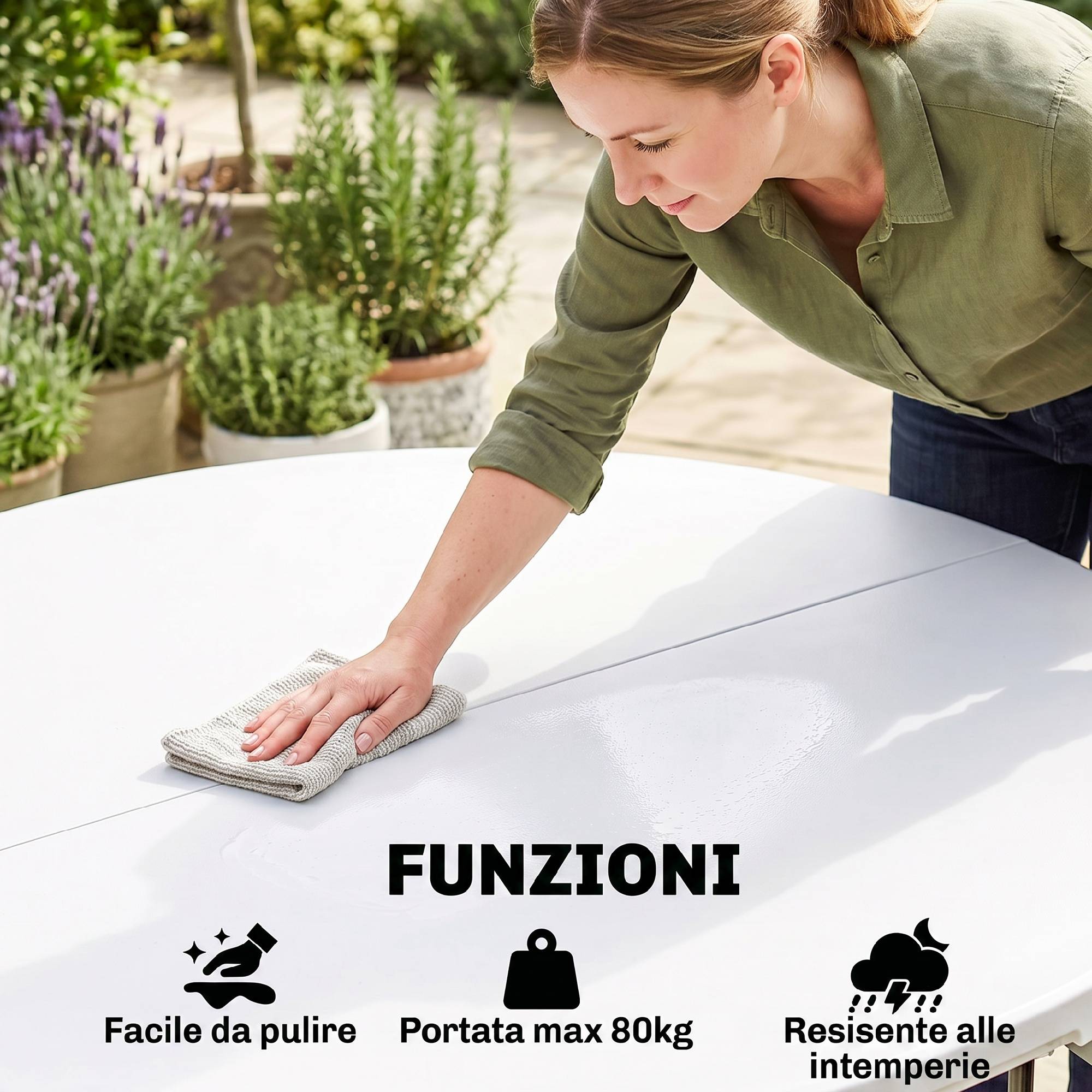 Table pliante jardin camping acier et HDPE, Ø122x73 cm, gris et blanc - Image 7