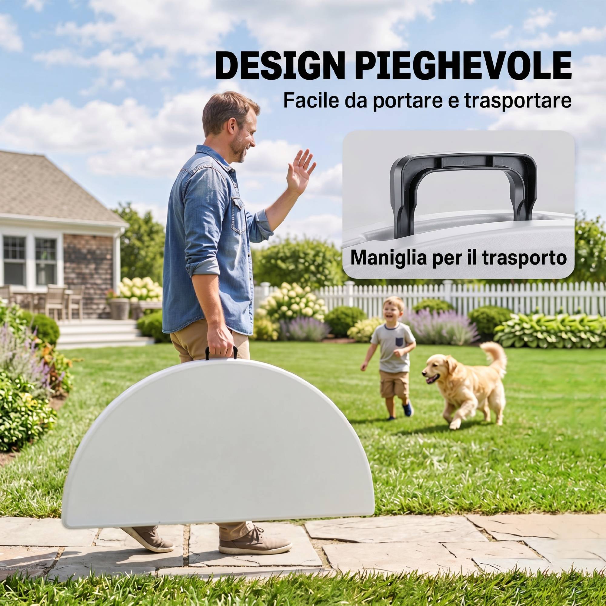 Table pliante jardin camping acier et HDPE, Ø122x73 cm, gris et blanc - Image 6