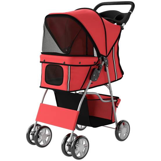 Poussette chien pliable, bande réfléchissante, panier, coussin, petits chiens 10 kg, 77x44x102 cm, rouge - Image 2