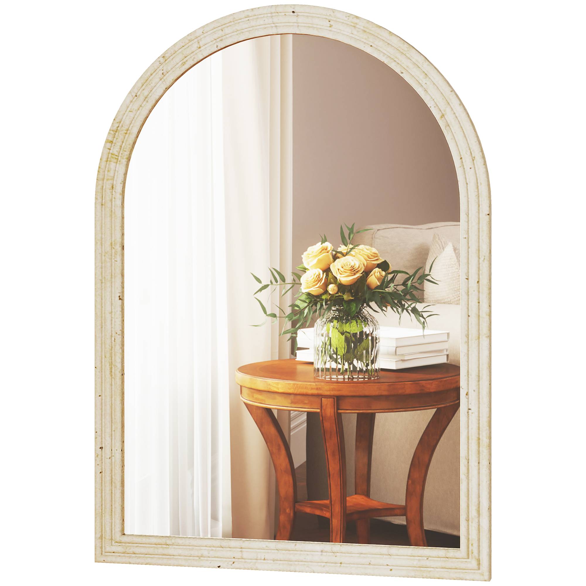 Sans Marque - Miroir mural arqué miroir moderne bord rainuré crochets verre trempé polystyrène 50x70 cm beige - Image 2