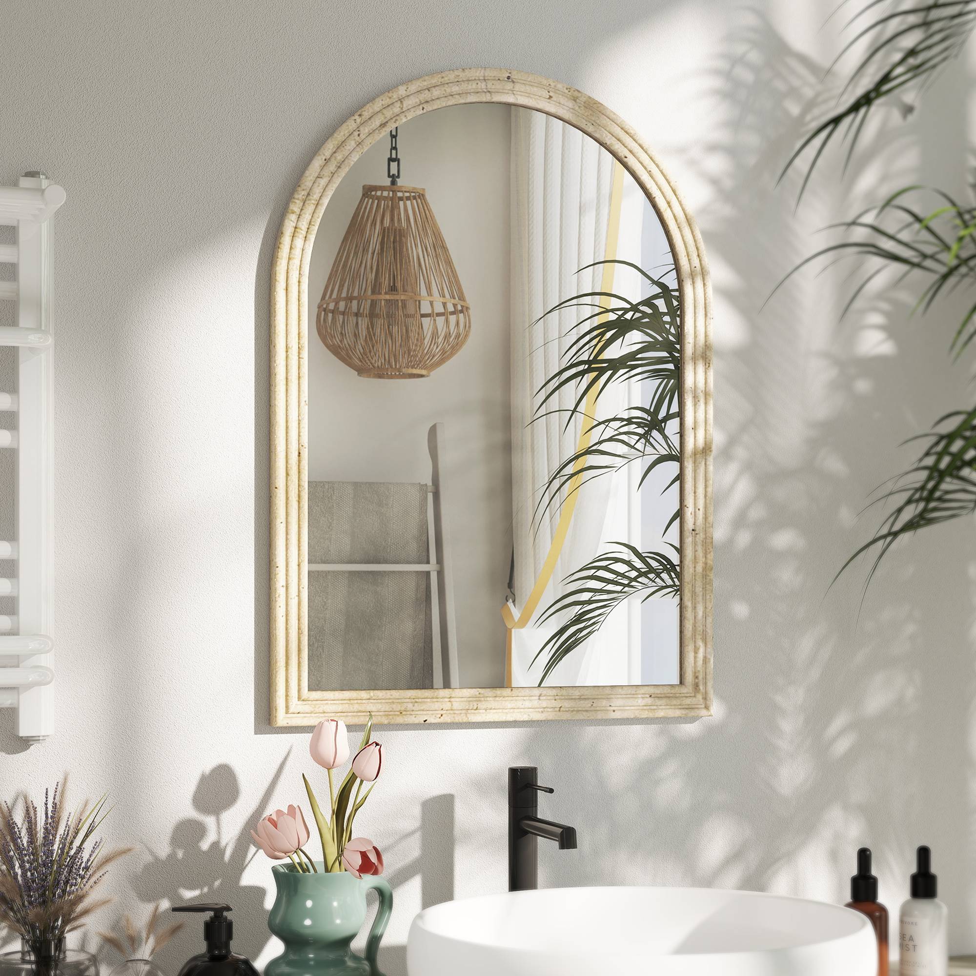 Sans Marque - Miroir mural arqué miroir moderne bord rainuré crochets verre trempé polystyrène 50x70 cm beige - Image 3