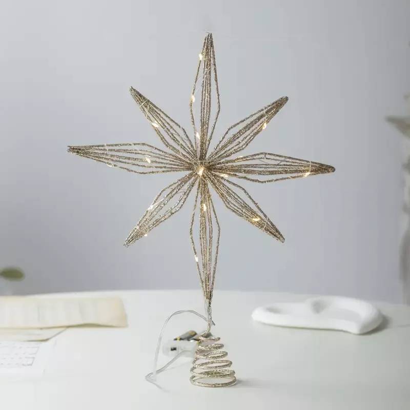 Décoration de sommet d'arbre de flocon de neige LED de noël, lumière chaude, 8 angles, couleur champagne, 25*33CM + 20 lumières - Image 1