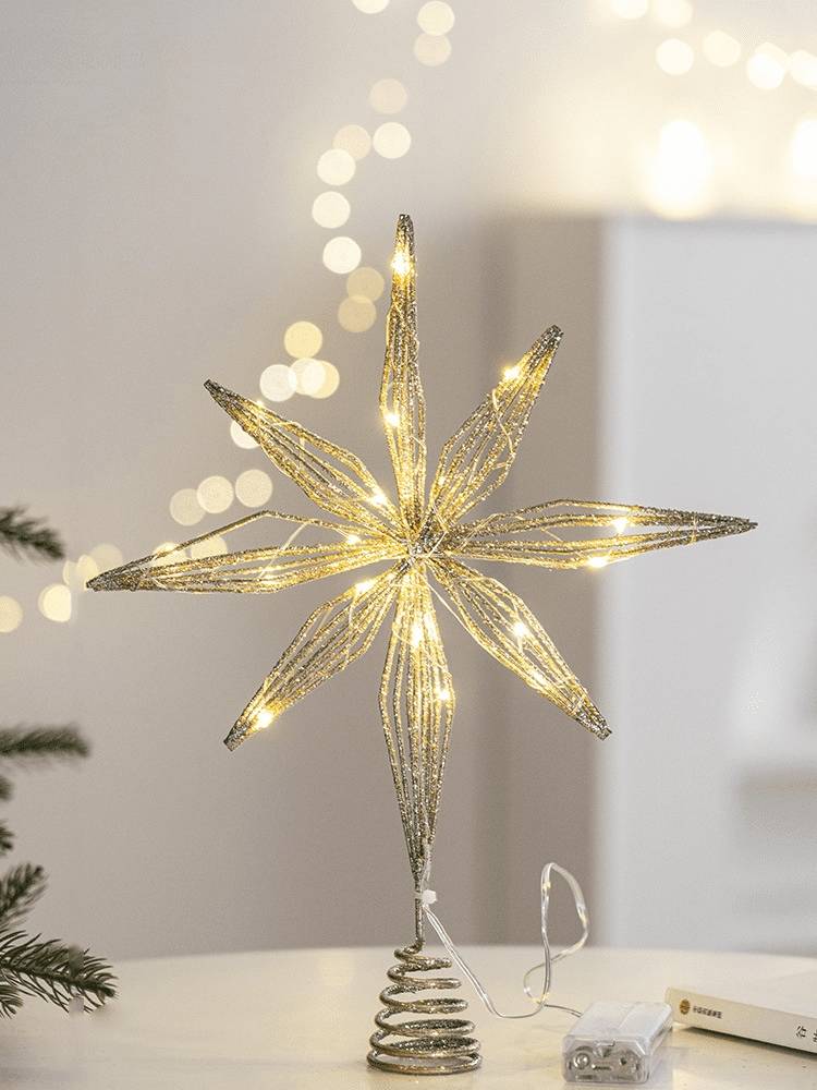Décoration de sommet d'arbre de flocon de neige LED de noël, lumière chaude, 8 angles, couleur champagne, 25*33CM + 20 lumières - Image 2