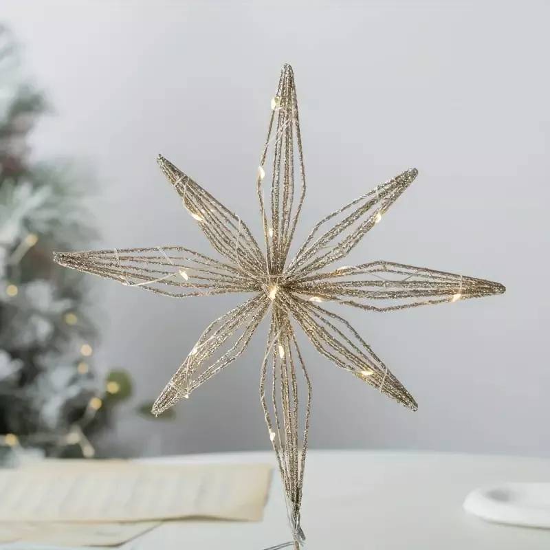 Décoration de sommet d'arbre de flocon de neige LED de noël, lumière chaude, 8 angles, couleur champagne, 25*33CM + 20 lumières - Image 4